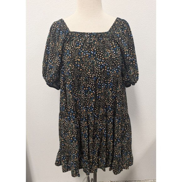 Wild Fable Black Floral Smocked Babydoll Mini Dress sz L Cottagecore Peasant - Picture 1 of 8